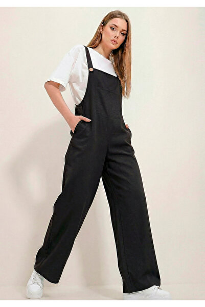 Little Visqon Kadın Geniş Paça Keten Görünümlü Bahçıvan Askılı Rahat Kesim Sa...