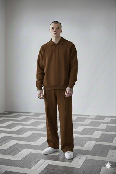 CAST COLLECTİON Men's Brown Raglan Sleeve Roberto Buttoned Sweat Wide Leg Swe...