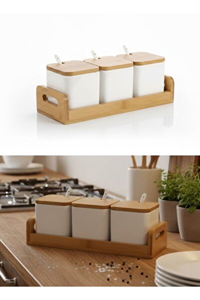 Premium White Ceramic Condiment Jars with Bamboo Tray 3 pcs Set