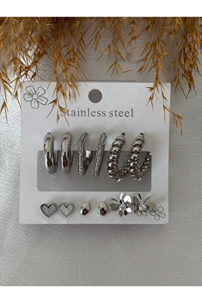 stainless steell Silver Çoklu Çelik Küpe Seti