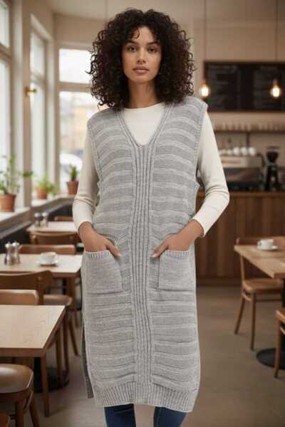 AQE FASHION Women's Knitwear Tunic Vest Gray V-Neck Long Maxi Length Oversize...