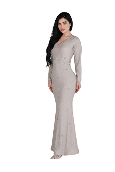 TREN Ribbed Knit Bodycon Gown with Belted Waist Stone Embellished Floor Lengt...