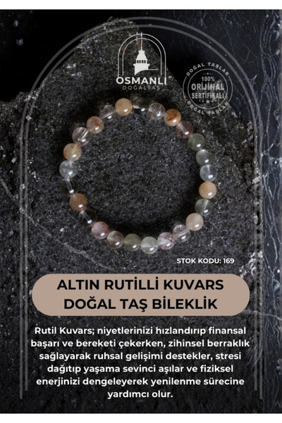 OSMANLI DOĞAL TAŞ Certified Gold Rutilli Quartz Natural Stone Bracelet (Sk:169)