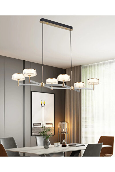 Apliqa Grayson Platin-Gold Detaylı 6'lı Sıralı Kristal Başlıklı Salon Led Avize