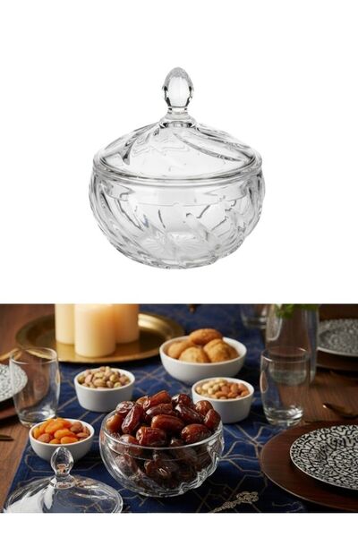 Premium وعاء زجاجي شفاف للحلوى والتمر مع غطاء، قطعة واحدة، أدوات مائدة أنيقة