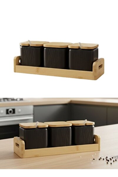 Premium Dark Grey Ceramic Condiment Jars with Bamboo Tray 3 pcs Set