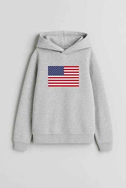 AYDESİGN American Flag Printed Gray Hooded Sweatshirt Hoodie