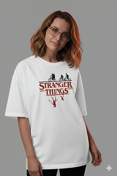 LiyAdaCo Unisex Stranger Things Printed White T-Shirt -Oversize T-Shirt