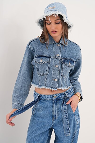 ŞİMAL Women's Tassel Detailed Short Denim Jacket - 260179