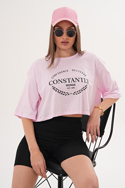 ŞİMAL Women's Print Detailed Crew Neck Short Oversize T-Shirt - 260131