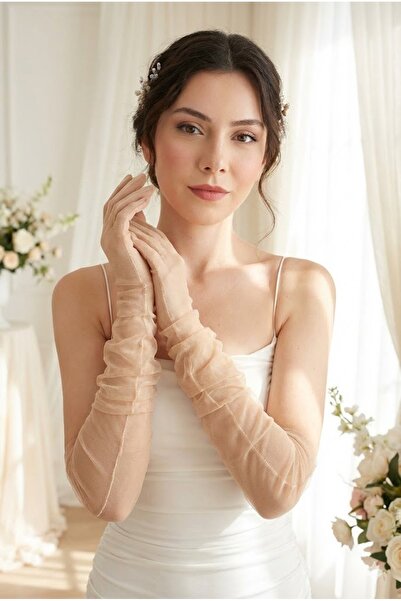 Hobigram Silk Aura Draped Skin Color Long Tulle Gloves |   Elegant and Modern...