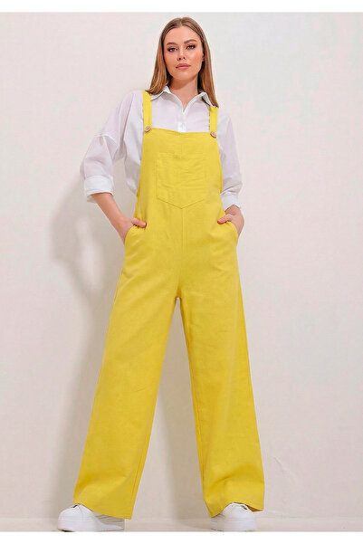 Little Visqon Kadın Geniş Paça Keten Görünümlü Bahçıvan Askılı Rahat Kesim Sa...