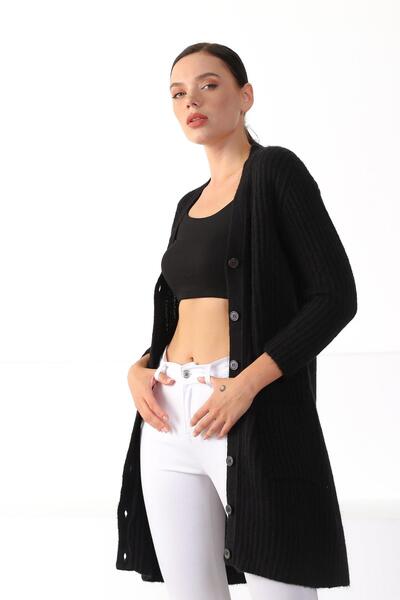Ferraro Black Buttoned Wool Women's Knitwear Cardigan