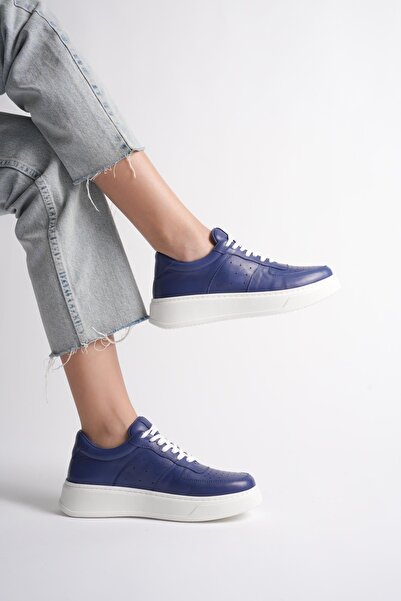 ANALİN SHOES Women's Genuine Leather Sneaker Lace-Up Sports Shoes - Navy Blue