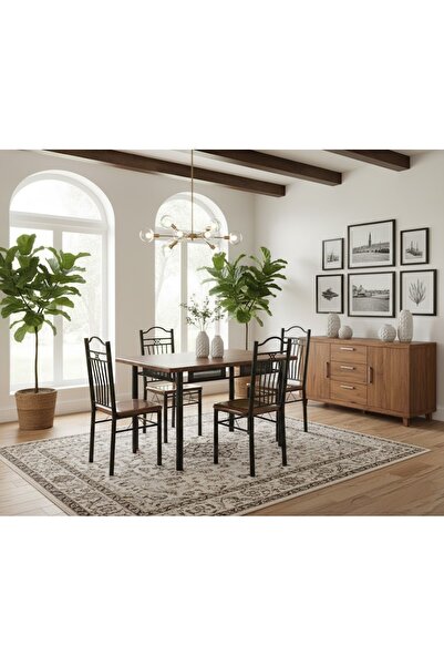 cama Brown wooden dining table set with 4 padded chairs and a sturdy metal fr...