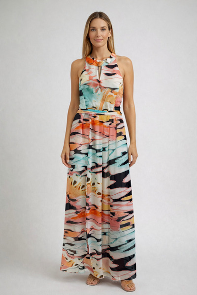 AYHAN Flared Cut Slit Dress with Stone Embroidered Collar