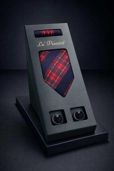 Kravatkolik Red - Navy Blue Classic Tie and Handkerchief Cufflinks Men's Gift...