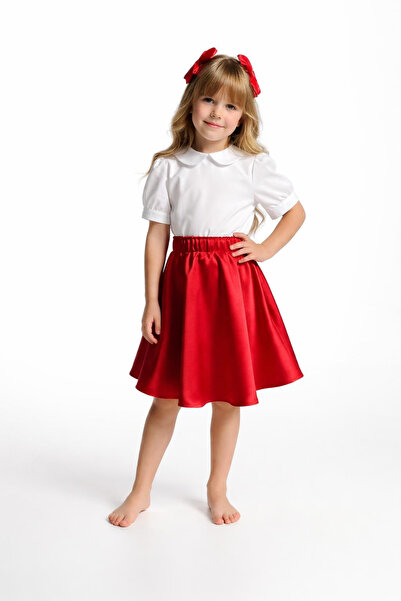 snmbutik 23 Nisan Kız Çocuk Kırmızı Etek | Bayramlık Saten Gösteri ve Okul Eteği