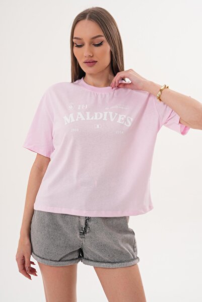 ŞİMAL Women's Print Detailed Crew Neck Oversize T-Shirt - 260059