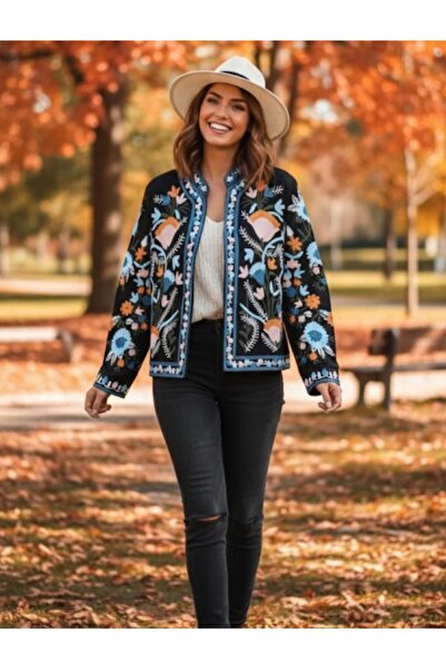 Sosyete Kaplumbağa سترة من القطن الجبردين بتطريز زهور وطبعة زهور وأكمام طويلة