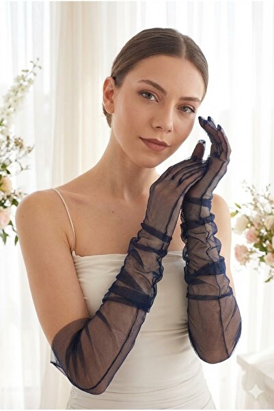 Hobigram Silk Aura Draped Navy Blue Long Tulle Gloves |   Elegant and Modern ...