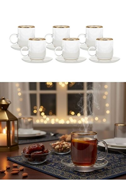 Premium Glass Tea Cup and Saucer Set 12 pcs Gold Rim Transparent Set