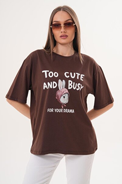 ŞİMAL Women's Print Detailed Crew Neck Oversize T-Shirt - 260060