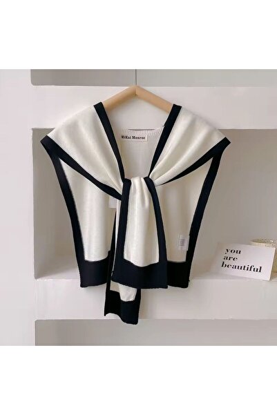 ElevaGlam Yeni Stil Triko Omuz Şalı Beyaz Siyah Desenli