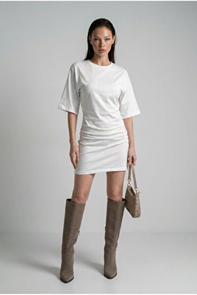 Madmext Ekru Bisiklet Yaka Yarım Kollu Kadın Tişört Elbise MG2656