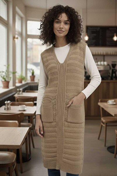 AQE FASHION Women's Knitwear Tunic Vest Mink V-Neck Long Maxi Length Oversize...