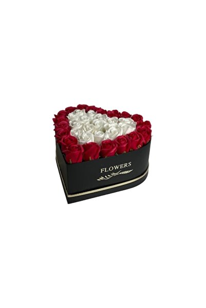 OEM Love Floral Arrangement in Black Heart Box with 35 Soap Roses, White-Red