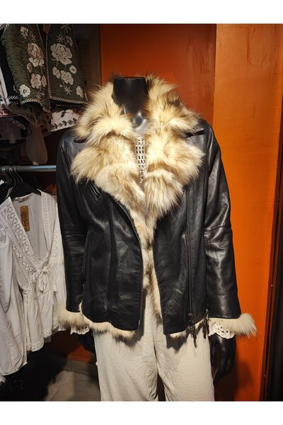 Sosyete Kaplumbağa Vintage 90's Furry Zip-Up Short Leather Jacket