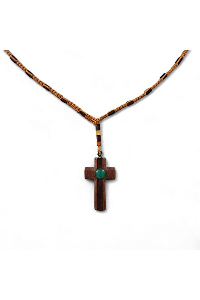 Hedea Tik Ağacı El Örgü Handmade Doğaltaşlı Haç Yeşim