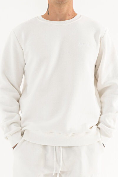 Souris White Men's Basic Sweatshirt 3-Thread Ribbed Comfortable Fit
