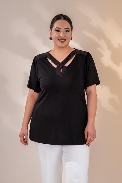 Roxxlen Bluză de damă mărime mare, cu guler și detalii cu paiete, neagră