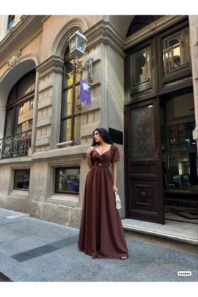 Modafeminen Coffee Knot Detailed Long Evening Dress 583008