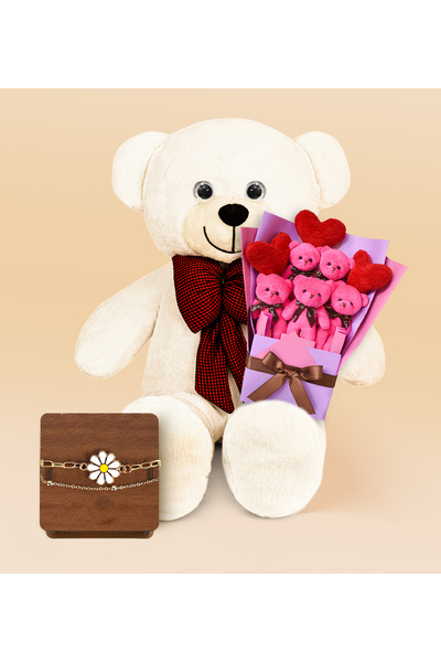 Özgüner Oyuncak هدية عيد الحب: دمية دب بطول 90 سم مع ربطة عنق، وباقة دمى دببة...
