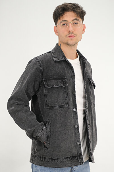 Souris Ανδρικό μαύρο τζιν μπουφάν με διπλές τσέπες και υφασμάτινο κάλυμμα που...