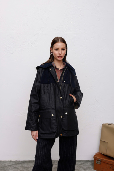 HOPE AND ME Oversize Mumlu Gabardin Ekose Astarlı Kapüşonlu Lacivert Parka