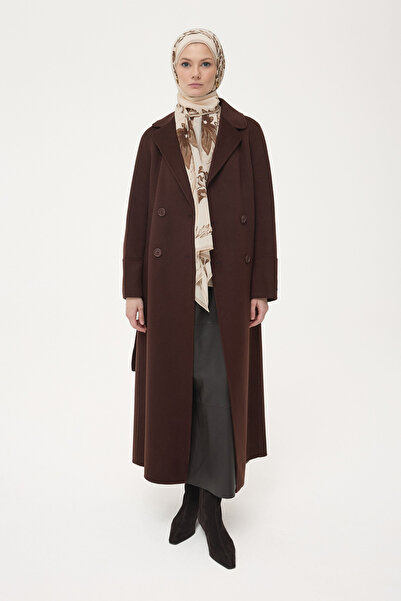 Tuğba El Yapımı %100 Yün Kruvaze Manto - Kahve