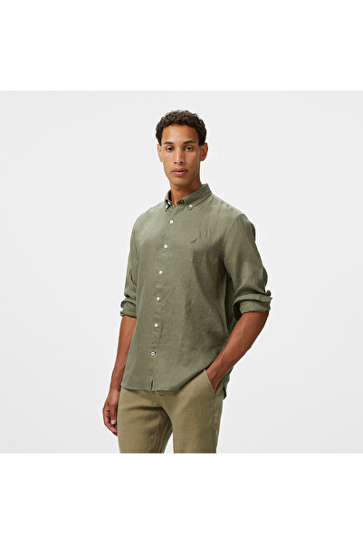 Nautica Erkek Yeşil Classic Fit Keten Gömlek