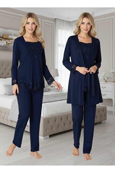 Lohusa Homewear Kadın Lacivert Uzun Kollu Zarif Dantel Detaylı Tasarım Lohusa...