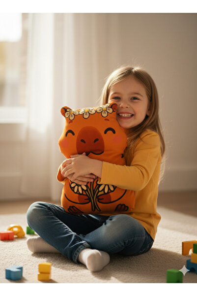 Kokoş İşler Papatyalı Turuncu Capybara Figürlü Dekoratif Yastık & Uyku Arkadaşı