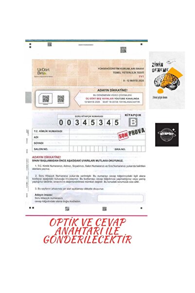 Karma Kitaplar TÜRKİYE GENELİ TYT 1ADET KURUMSAL DENEME OPTİK VE CEVAP ANAHTA...