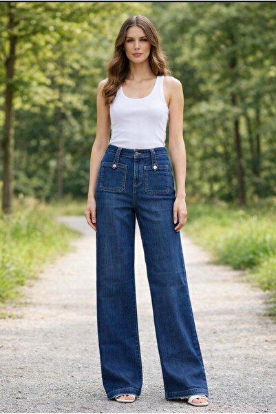 LA CARTE Brc Front Pocket Buttoned Broad-Leg Denim Pants