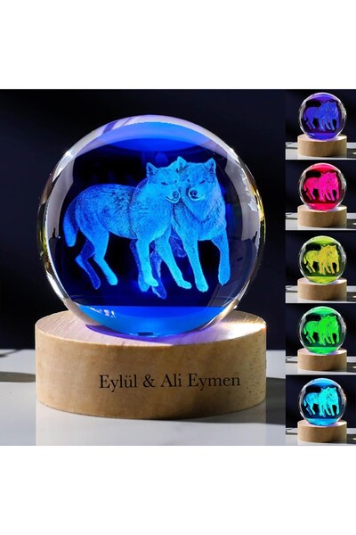 keyfim shop Kişiye Özel Işıklı Ahşap Kaideli İkili Kurt Temalı Cam Küre 8*6cm