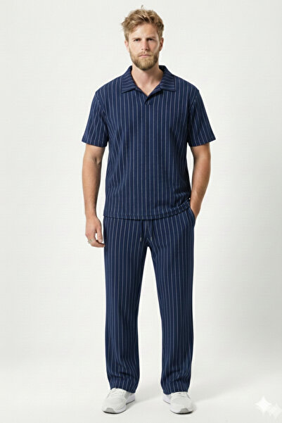 NİCE Men's Navy Blue Striped Crepe Fabric Wide Leg Polo Collar Top and Bottom...