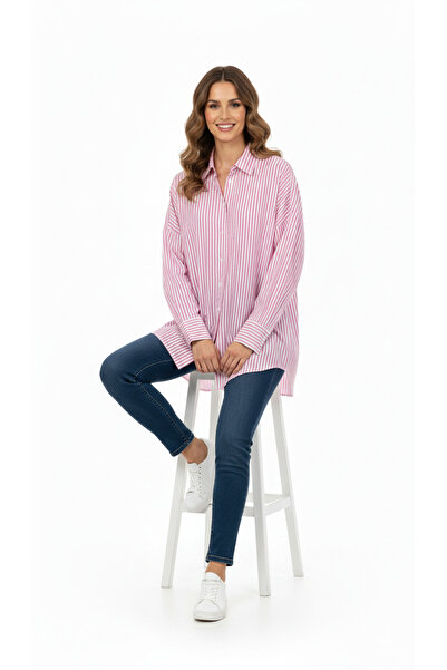 ÇINARLI MODA Kadın Oversize Geniş Kesim Çizgili Kumaş Uzun Kollu Cepli Dokulu...