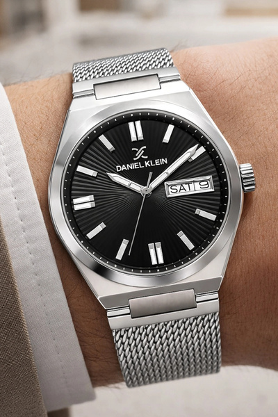 Daniel Klein ساعة يد رجالية بسوار فولاذي وعلبة فضية-سوداء مع تقويم هدية zmdk1203