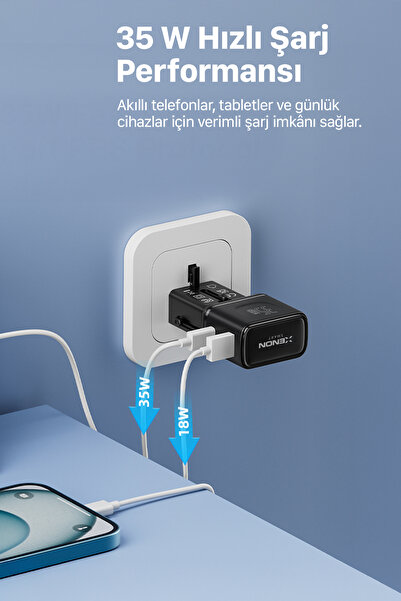 Xenon Smart Priz Dönüştürücü | 35W GaN Hızlı Şarj, 200+ Ülke, USB-C & USB-A, PD PPS, Seyahat Adaptörü (X6407)